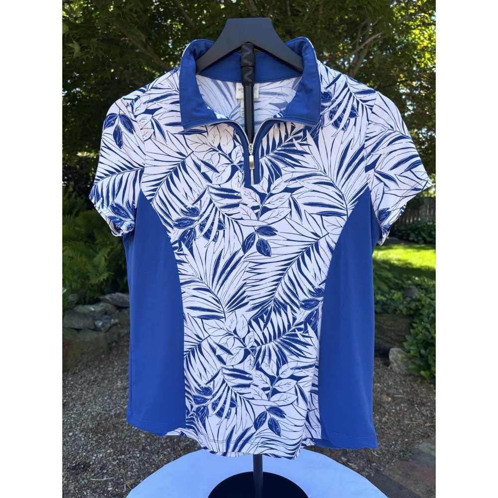 Weekends By Chico's Short Sleeve Blue & White Tropical Theme Top Women's Size 0